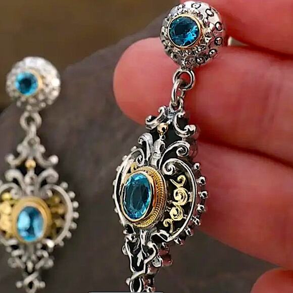 Vintage Blue Topaz Crystal Zircon Two Tone Dangle Earrings - Picture 7 of 7